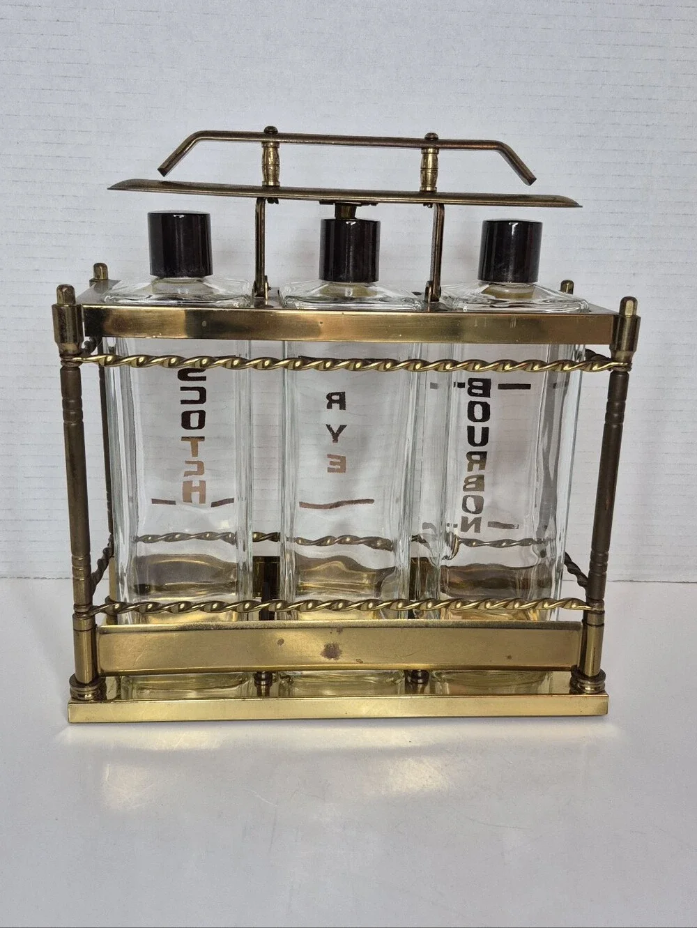 Vintage Tantalus Decanter Set Mid Century Modern Bar Caddy Liquor Glass Bottles